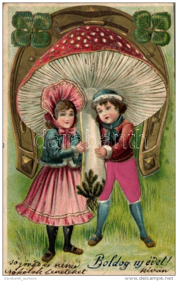 T2 1903 &Uacute;j&eacute;v / New Year, Mushroom Emb. Litho Silk Card - Non Classificati
