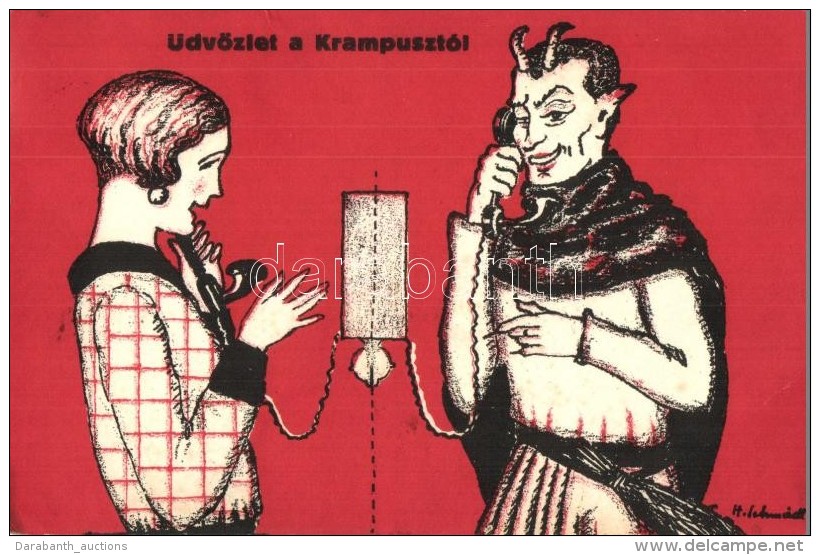 T2 &Uuml;dv&ouml;zlet A Krampuszt&oacute;l / Krampus With Lady Talking On The Phone. B.K.W.I. 3329-13. S: H.... - Zonder Classificatie