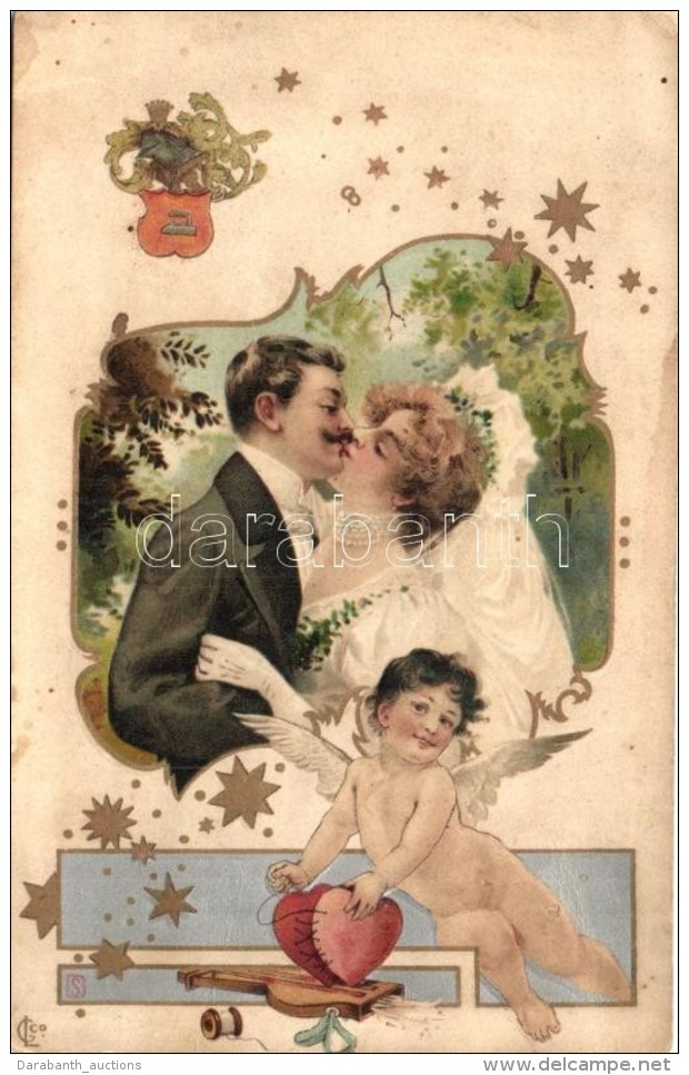 ** T2/T3 Art Nouveau Romantic Couple Art Postcard, Silver And Golden Decorated Emb. Litho (EK) - Non Classificati