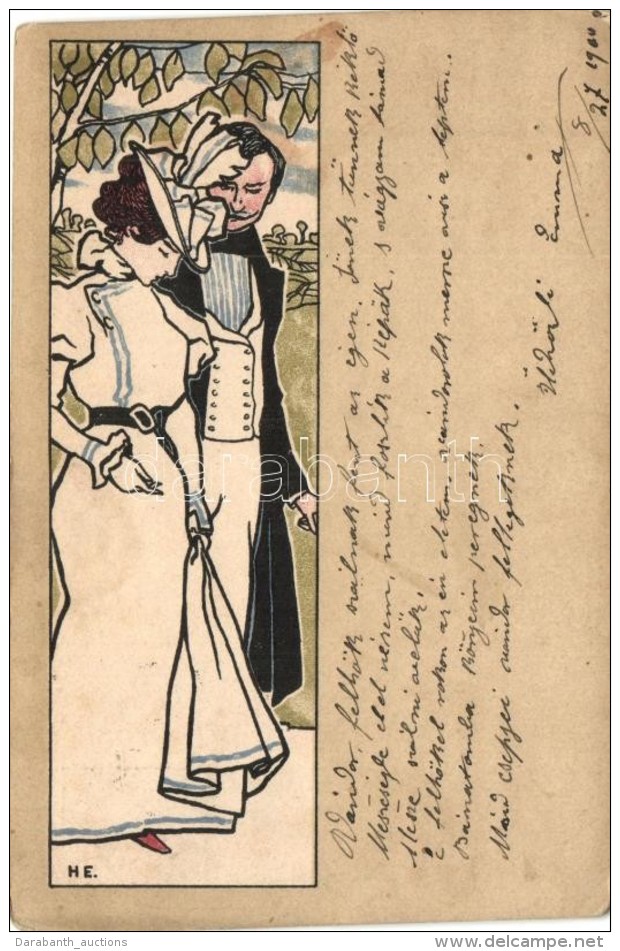 T4 Art Nouveau Romantic Couple Art Postcard, Litho S: H. E. (pinholes) - Non Classificati