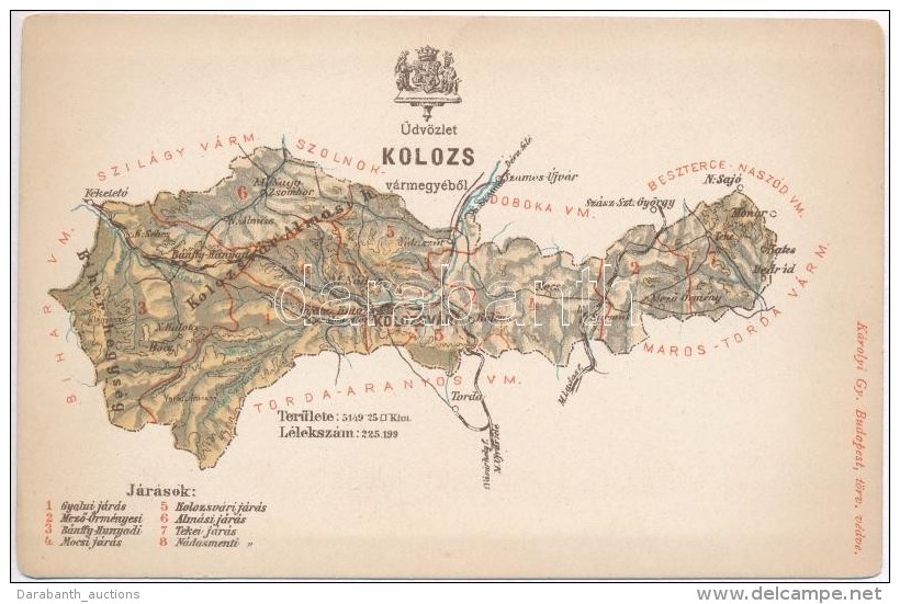 ** T1/T2 Kolozs V&aacute;rmegye T&eacute;rk&eacute;pe; Kiadja K&aacute;rolyi Gy. / Map Of Kolozs County - Unclassified