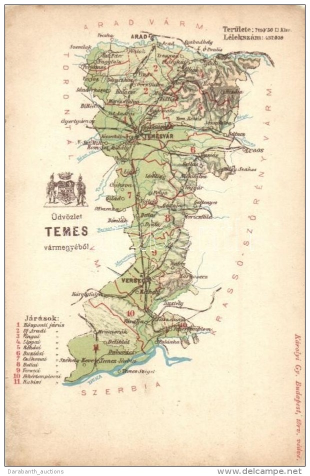 ** T4 Temes V&aacute;rmegye T&eacute;rk&eacute;pe, K&aacute;rolyi Gy. Kiad&aacute;sa / Komitat Temes / Map Of Temes... - Non Classificati