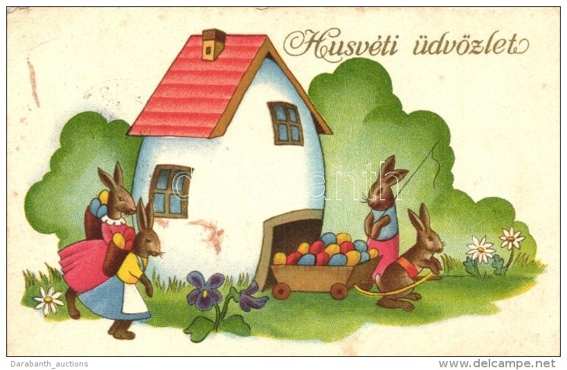 * T2/T3 'H&uacute;sv&eacute;ti &uuml;dv&ouml;zlet' / Easter Greeting Card, Rabbits, Eggs, House, Litho (EK) - Non Classificati