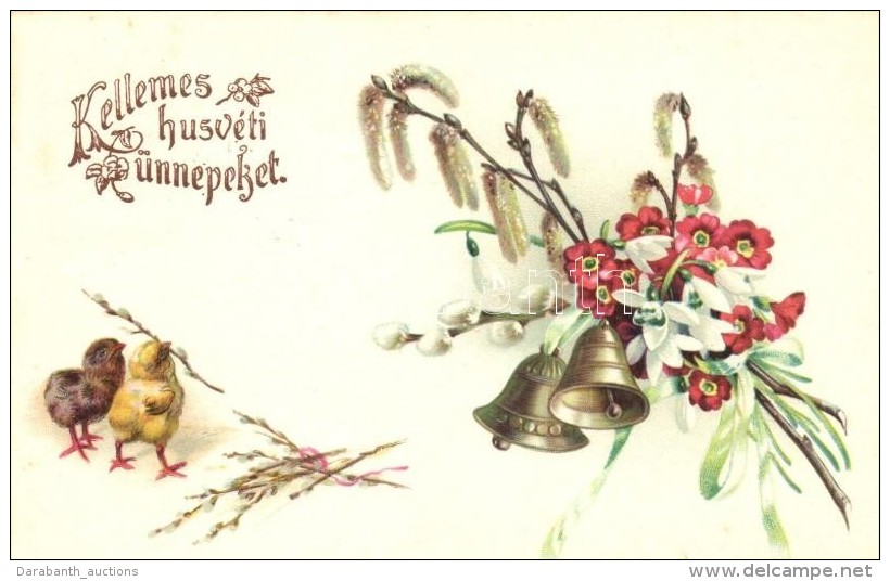 T2/T3 'Kellemes H&uacute;sv&eacute;ti &uuml;nnepeket' / Easter Greeting Card, Chickens, Floral Litho (EK) - Non Classificati