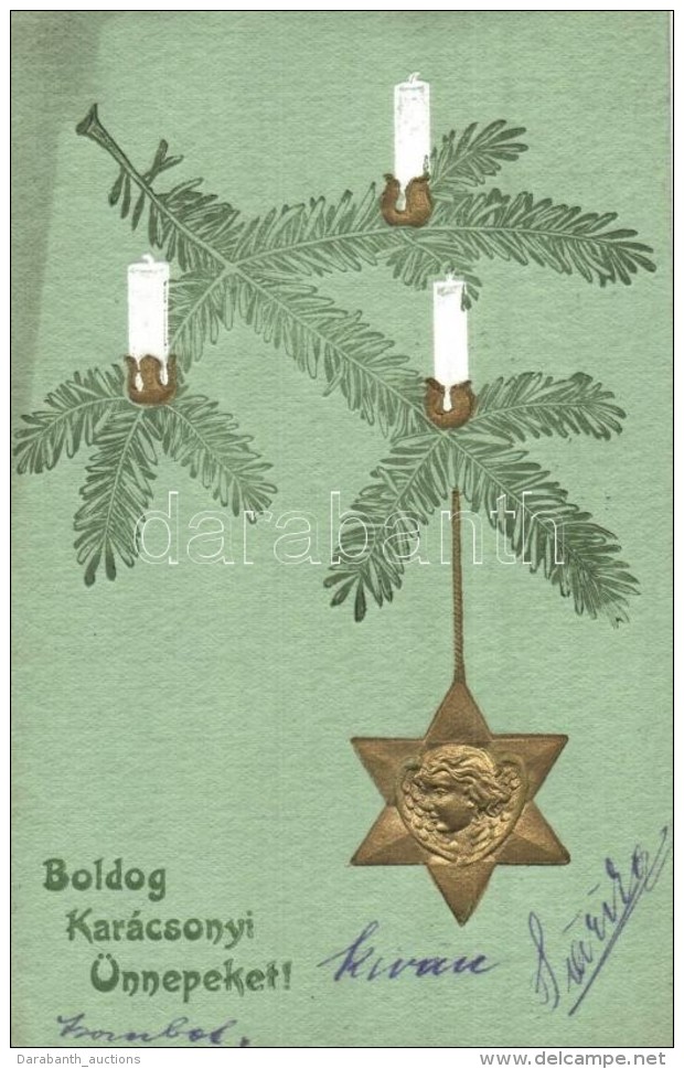 T2/T3 'Boldog Kar&aacute;csony &Uuml;nnepeket' / Christmas Greeting Card, Golden Decorated Candles And Emb. Star,... - Non Classificati