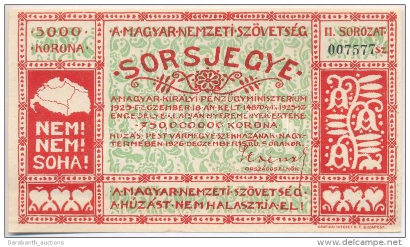1926. 'Magyar Nemzeti Sz&ouml;vets&eacute;g Sorsjegye' 5000K &eacute;rt&eacute;kben, II. Sorozat T:II Sz&eacute;p... - Zonder Classificatie