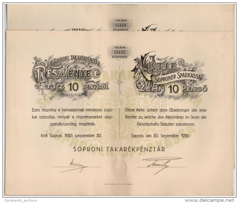 Sopron 1926. 'Soproni Takar&eacute;kp&eacute;nzt&aacute;r' R&eacute;szv&eacute;nye 10P-rÅ‘l, Magyar &eacute;s... - Zonder Classificatie