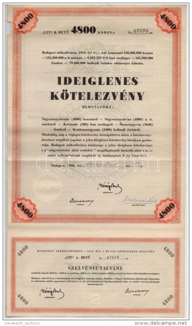 Budapest 1946. 'Budapest Sz&eacute;kesfÅ‘v&aacute;ros 1914. &eacute;vi 4 1/2%-kal Kamatoz&oacute; 158.000.000K... - Sin Clasificación