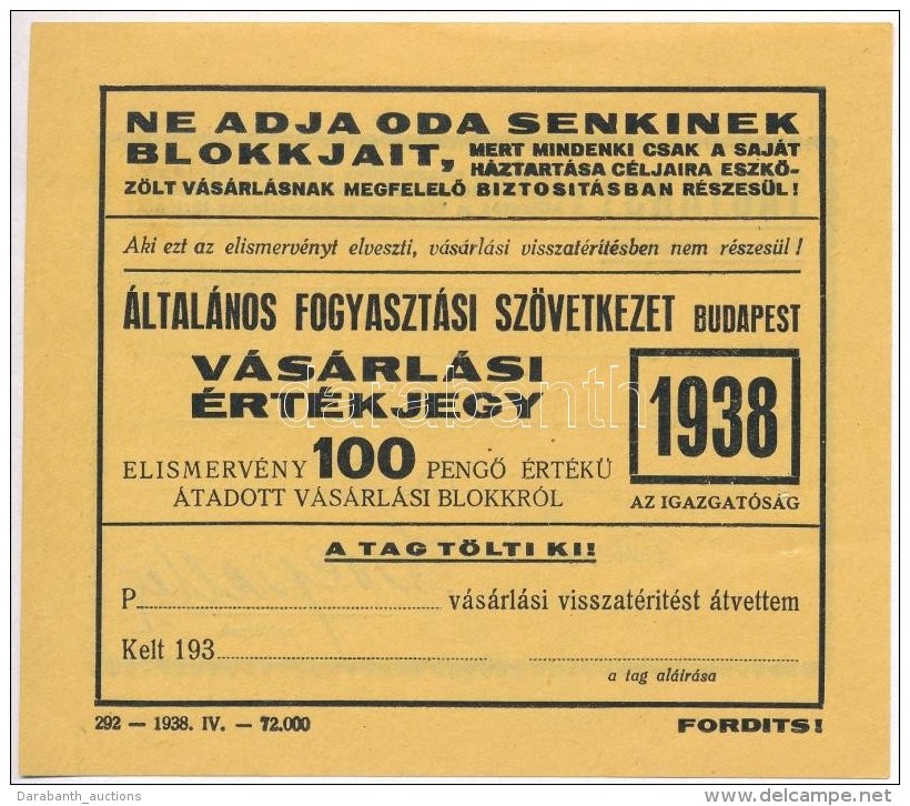 Budapest 1938. '&Aacute;ltal&aacute;nos Fogyaszt&aacute;si Sz&ouml;vetkezet' Kit&ouml;ltetlen... - Non Classificati