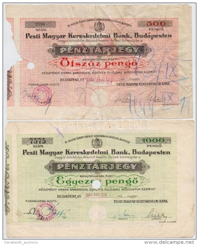 Budapest 1944. 500P + 1000P 'Pesti Magyar Kereskedelmi Bank / P&eacute;nzt&aacute;rjegy' MindkettÅ‘... - Non Classificati