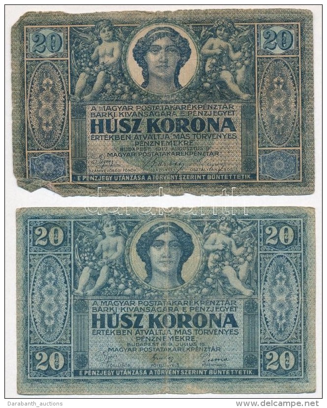 1919. J&uacute;lius 15. 20K + 1919. Augusztus 9. 20K T:III-,IV - Non Classificati