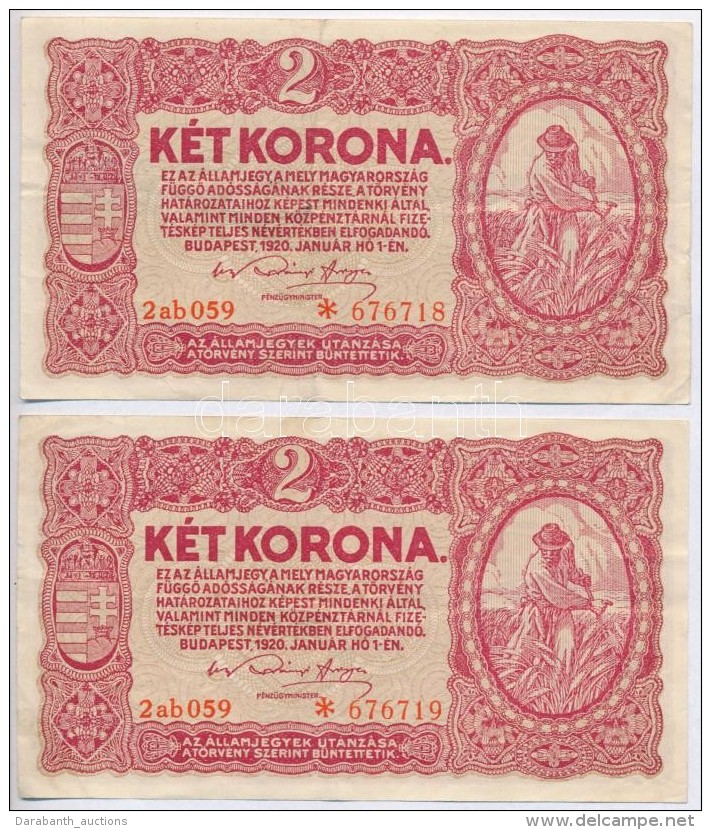 1920. 2K Csillagos Sorsz&aacute;mmal (2x) Sorsz&aacute;mk&ouml;vetÅ‘k T:II-,III - Non Classificati