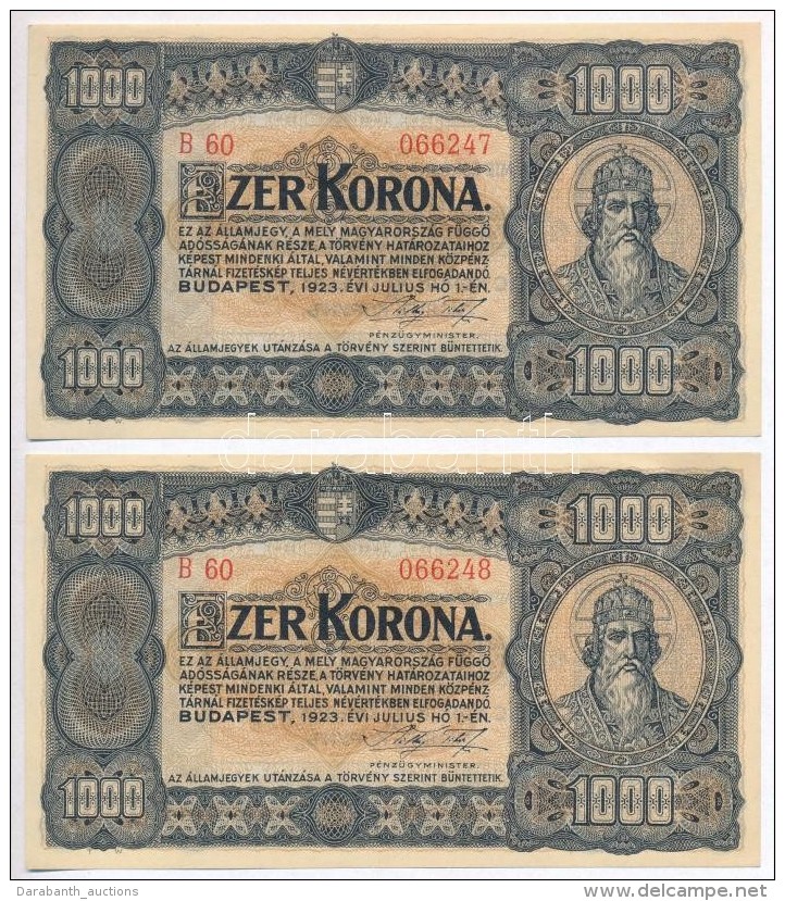 1923. 1000K (2x) Sorsz&aacute;mk&ouml;vetÅ‘k, Nyomdahely Jel&ouml;l&eacute;s N&eacute;lk&uuml;l 'B60 066247 - B60... - Non Classificati