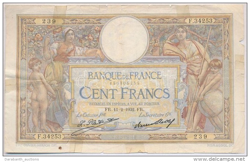 Franciaorsz&aacute;g 1932. 100Fr T:III- Ragasztott, TÅ±ly.
France 1932. 100 Francs C:VG Sticked, Needle... - Non Classificati