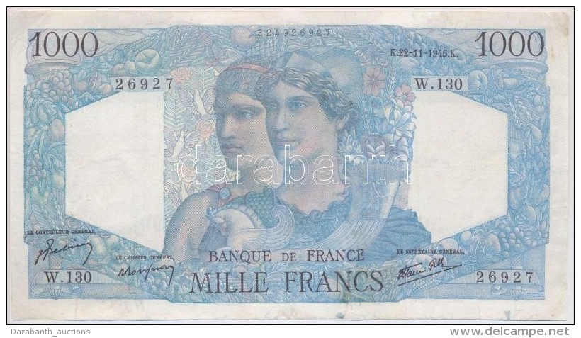 Franciaorsz&aacute;g 1945. 1000Fr T:restaur&aacute;lt
France 1945. 1000 Francs C:restored
Krause 130 - Non Classificati