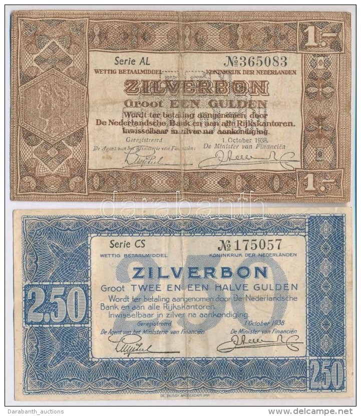 Hollandia 1938. 1G + 2 1/2G 'Zilverbonnen (Ez&uuml;st&eacute;rt&eacute;kÅ± Bankjegyek)' T:III,III-
Netherlands... - Non Classificati