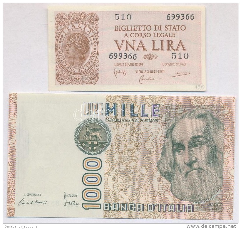 Olaszorsz&aacute;g 1944. 1L + 1982. 1000L T:I,I-
Italy 1944. 1 Lira + 1982. 1000 Lire C:UNC,AU
Krause 29b, 109a - Non Classificati