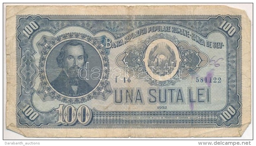 Rom&aacute;nia 1952. 100L T:III-
Romania 1952. 100 Lei C:VG - Non Classificati