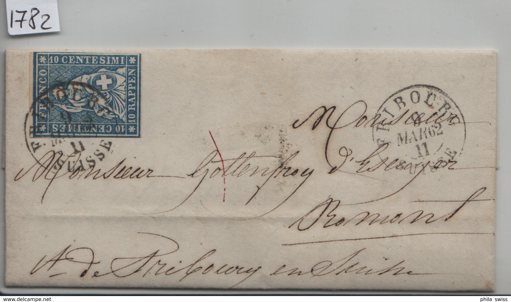 Strubel 23G Mi. 14IIBym 10 Rappen - Stempel: Fribourg Suisse Pour Bomont 9. Mar. 1862 - Covers & Documents