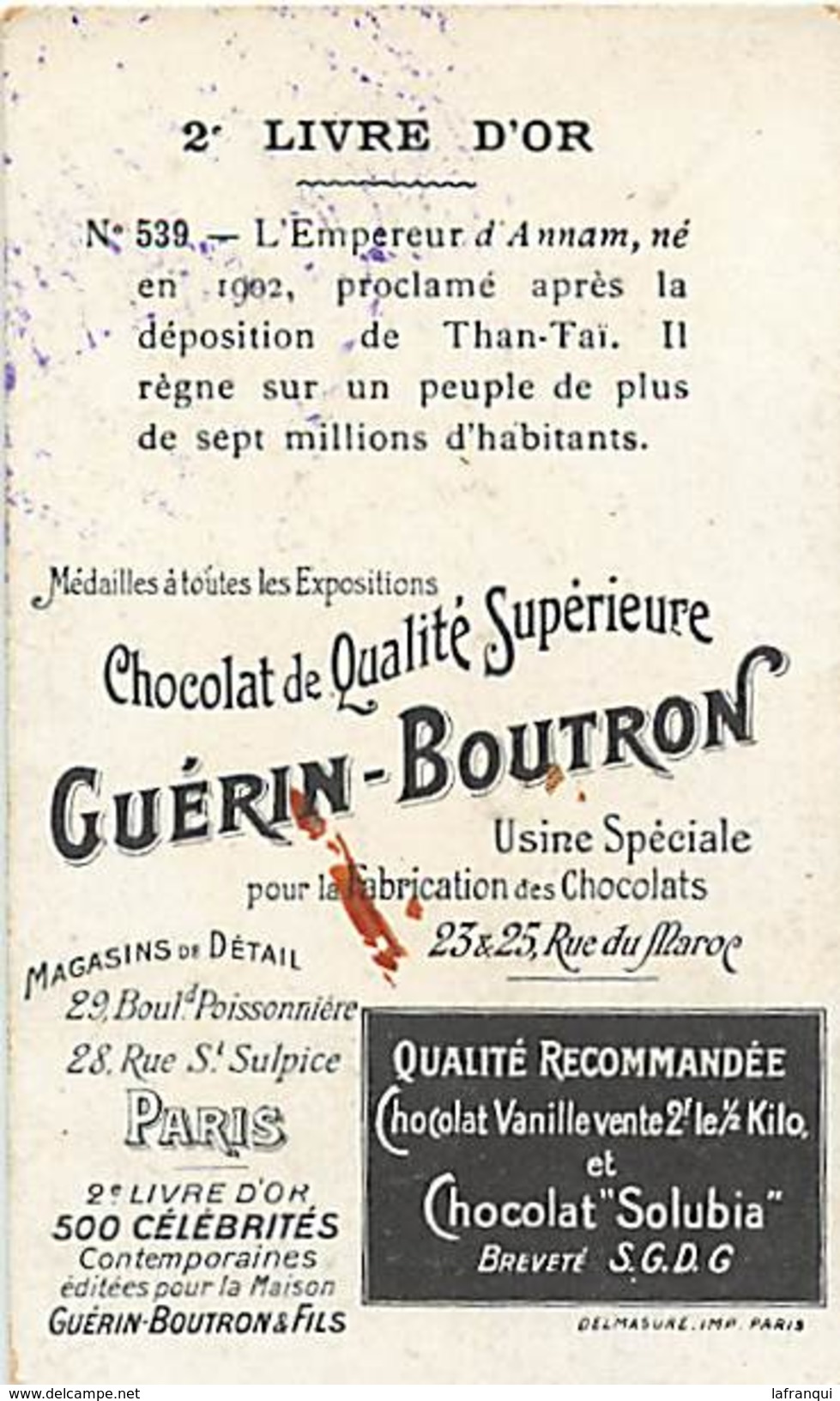 Ref A201 -chromo -chocolat Guerin Boutron -2eme Livre D Or -familles Royales -royaute - Empereur D Annam -viet Nam - - Guerin Boutron