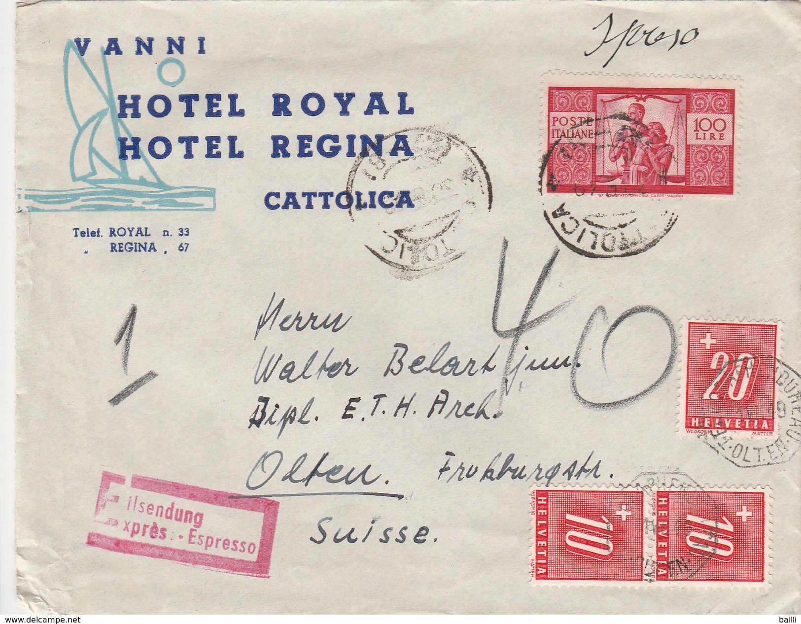 Italie Lettre Par Exprès Taxée En Suisse 1949 - 1946-60: Storia Postale