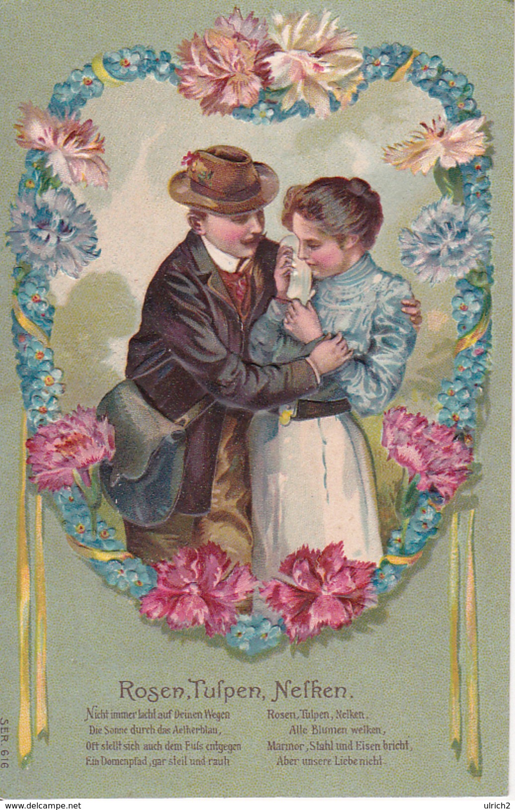 AK Liebespaar - Rosen, Tulpen, Nelken - Blumen - Künstlerkarte - Prägedruck - Ca. 1910 (28109) - Paare