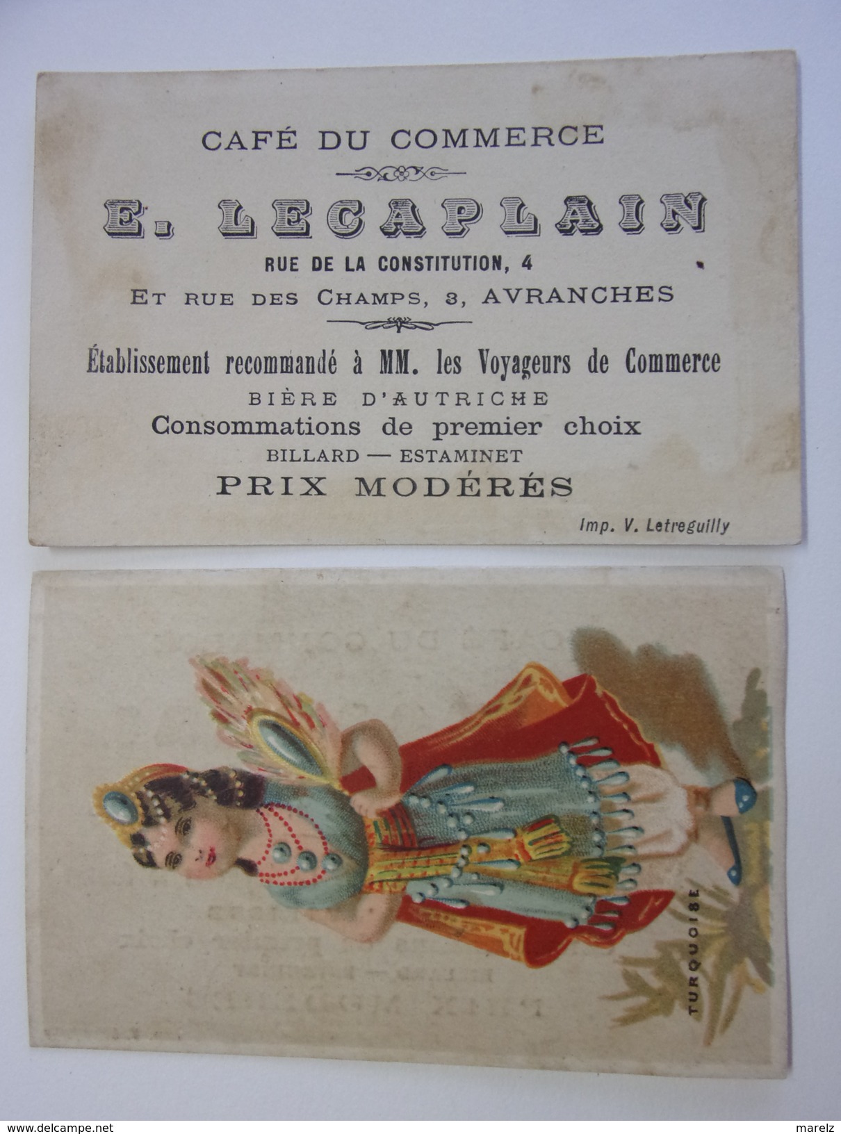 AVRANCHES  Café Du Commerce - Estaminet Voyageurs De Commerce - Carte De Visite  Chromo Turqoise - 50 MANCHE - Visitenkarten