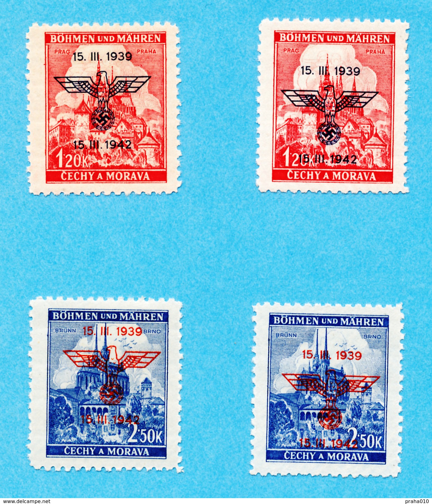 Böhmen Und Mähren / Stamps (1942) 3rd Anniversary Protectorate (2x 2 Pcs. - Significantly Shifted Overprints!) - Unused Stamps