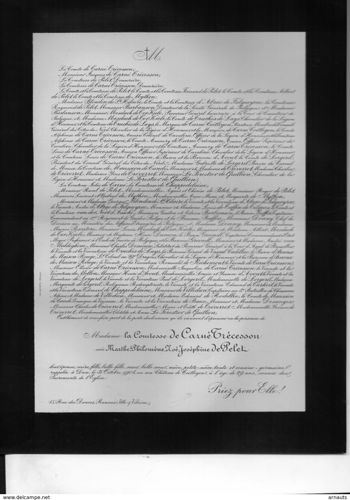 De Carné Trécesson Né De Pelet °Langres +1908 Château De Coëtlogon Rennes Ille & Vilaine De Mython Blondin De St Hilaire - Obituary Notices