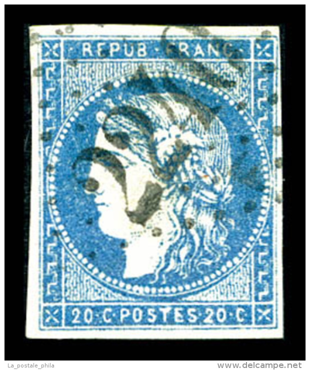 O N&deg;44B, 20c Bleu Type I Report 2 Obl GC 2240, TB (sign&eacute; Brun/certificat)   Cote: 825 Euros  ... - 1870 Bordeaux Printing