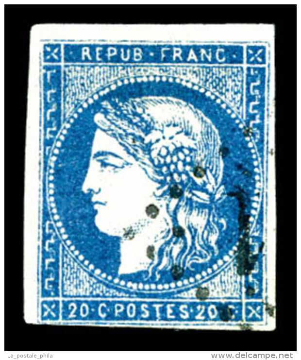 O N&deg;44Aa, 20c Bleu Fonc&eacute; Type I Report 1, TB (certificat)   Cote: 1100 Euros   Qualit&eacute;: O - 1870 Bordeaux Printing