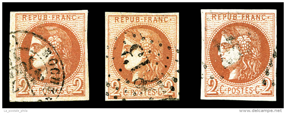 O N&deg;40B, 2c Bordeaux: 3 Exemplaires Avec Nuances Diff&eacute;rentes. TTB (sign&eacute;s Brun/Scheller)     ... - 1870 Ausgabe Bordeaux