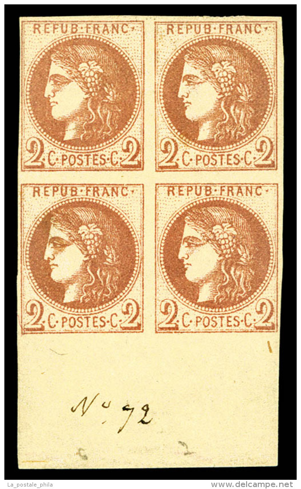 ** N&deg;40A, 2c Chocolat Clair Report 1 En Bloc De Quatre Bord De Feuille (2ex*), Fra&icirc;cheur Postale,... - 1870 Ausgabe Bordeaux