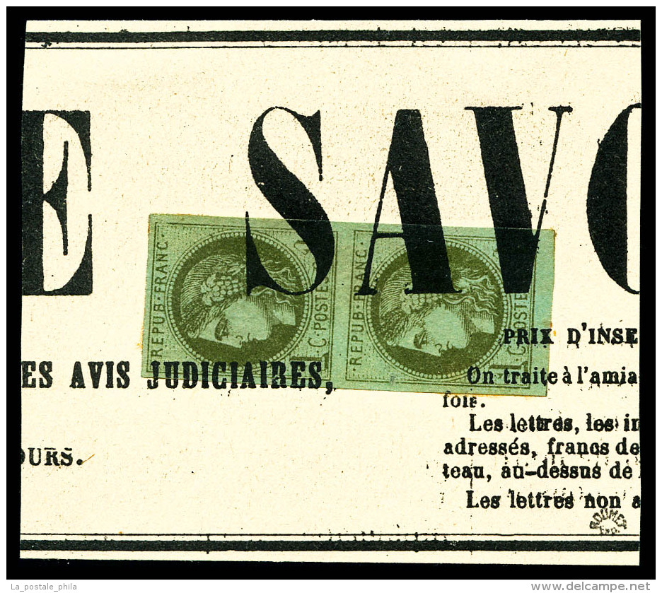 O N&deg;39, 1c Bordeaux En Paire Grandes Marges Obl Typographique Sur Son Support. SUP (certificat)     ... - 1870 Bordeaux Printing