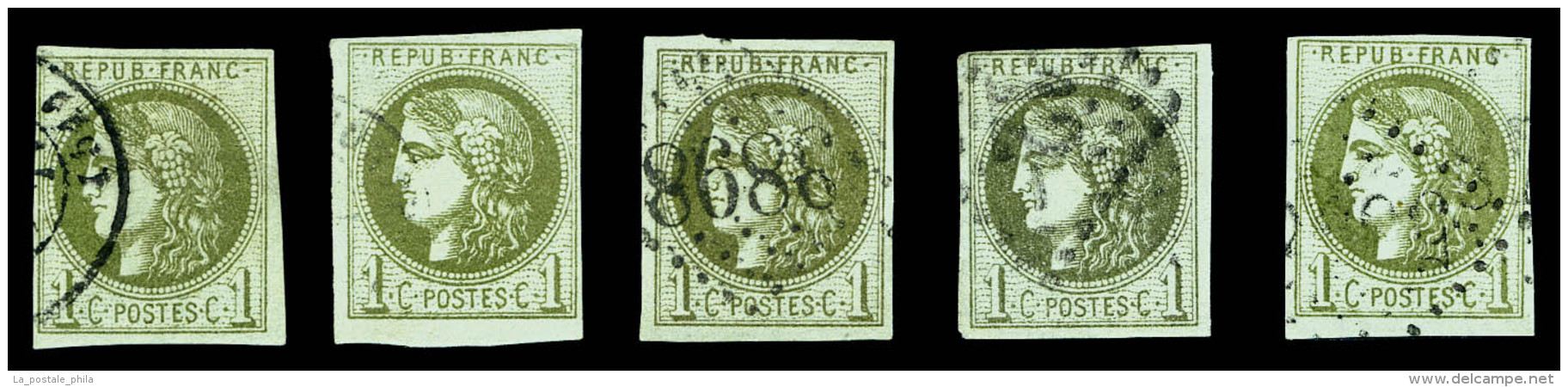 O 1c Bordeaux, 5 Exemplaires Dont Nuances (Rep I, II X2 Et III X2). TB   Cote: 1065 Euros   Qualit&eacute;: O - 1870 Bordeaux Printing