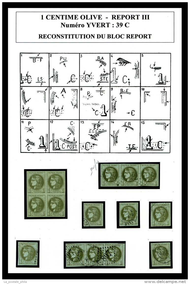 O N&deg;39C, 1c Bordeaux Report 3: Bloc Report De 15 Exemplaires Reconstitu&eacute; Comprenant 1 Bloc De Quatre... - 1870 Ausgabe Bordeaux