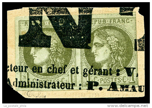 O N&deg;39C, 1c Olive Report 3 En Paire Obl Typographique Sur Fragment, TB (certificat)   Cote: 550 Euros  ... - 1870 Bordeaux Printing