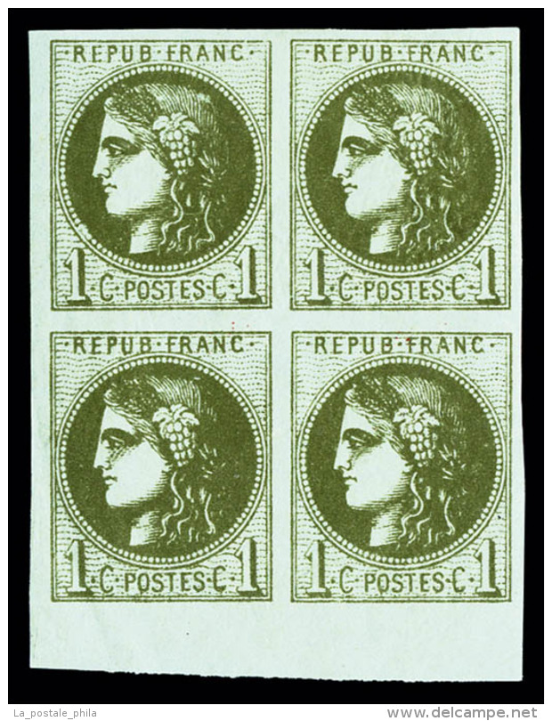 ** N&deg;39C, 1c Olive Report 3 En Bloc De Quatre Coin De Feuille (2ex*), Fra&icirc;cheur Postale, SUP... - 1870 Bordeaux Printing