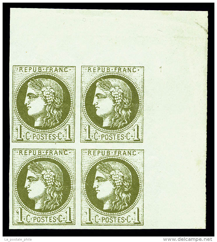 ** N&deg;39B, 1c Olive Report 2 En Bloc De Quatre Grand Coin De Feuille Avec Petit Chiffre '1', FRA&Icirc;CHEUR... - 1870 Bordeaux Printing
