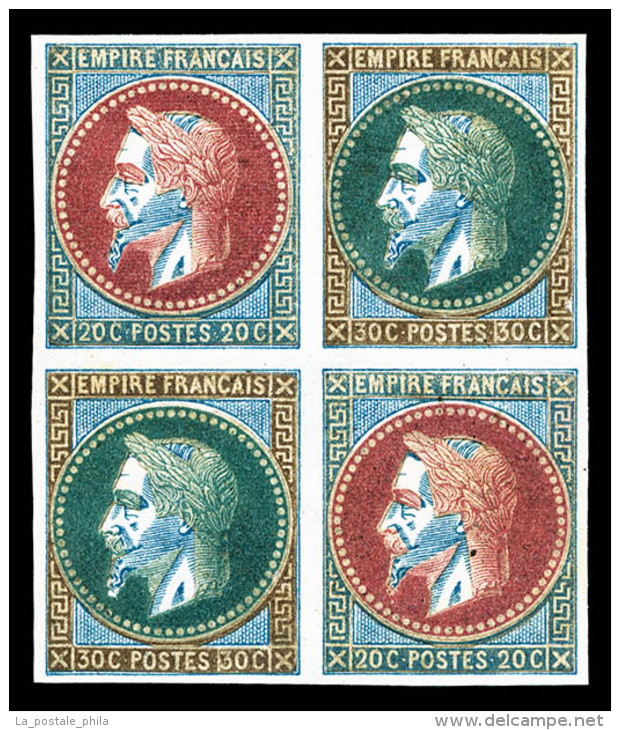 (*) N&deg;29/30, 20 Et 30 Centimes, Coussinet D'impression En Bloc De Quatre, Superbe (certificat)     ... - 1863-1870 Napoleon III With Laurels