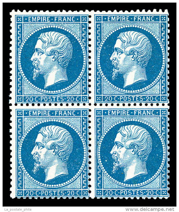 ** N&deg;22, 20c Bleu En Bloc De Quatre, FRA&Icirc;CHEUR POSTALE, SUPERBE (certificat)       Qualit&eacute;: ** - 1862 Napoléon III.