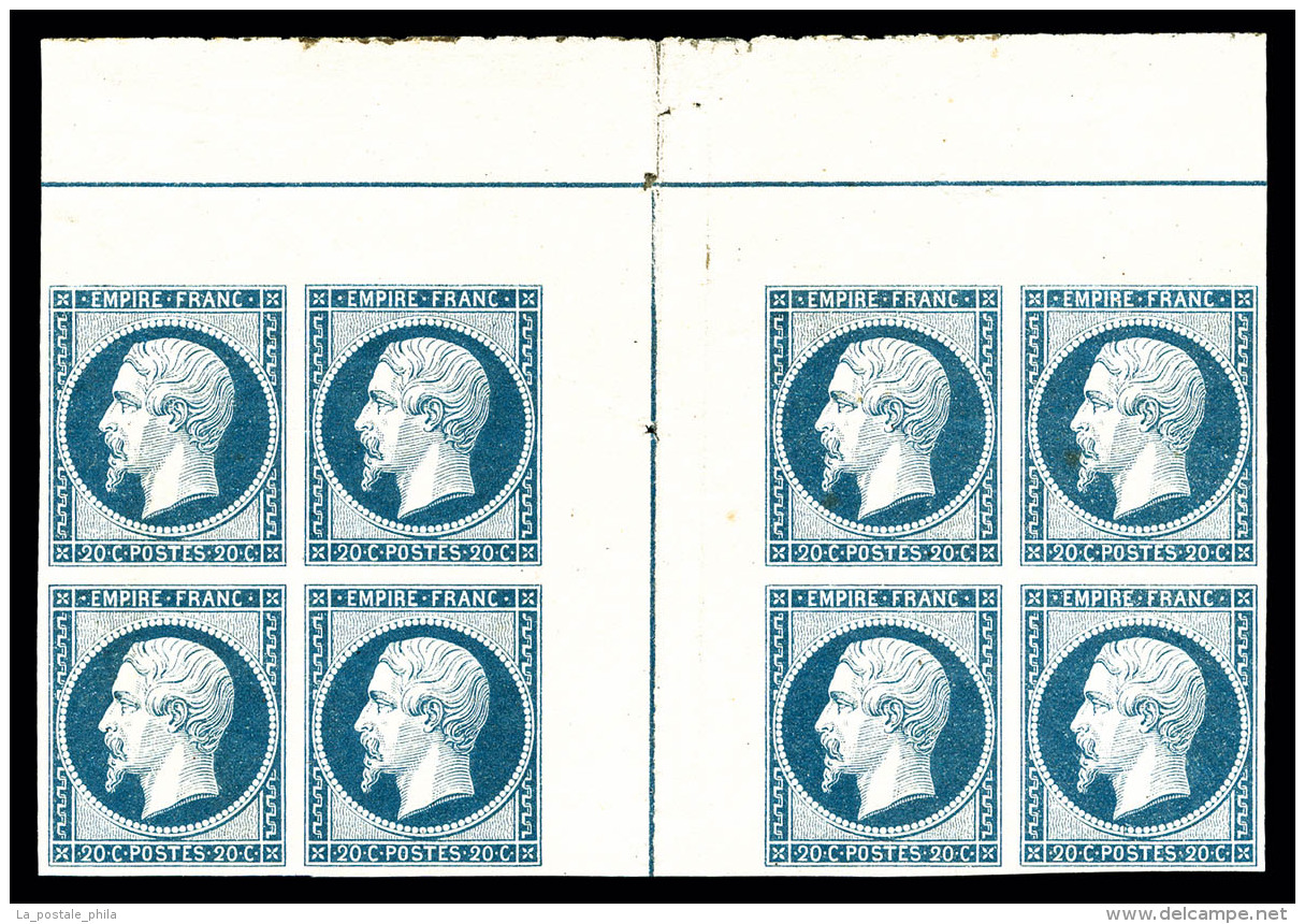 ** N&deg;14Ai, 20c Bleu Laiteux En Bloc De Huit Avec Double Filet D'encadrement En Marge Centrale, Fra&icirc;cheur... - 1853-1860 Napoléon III.