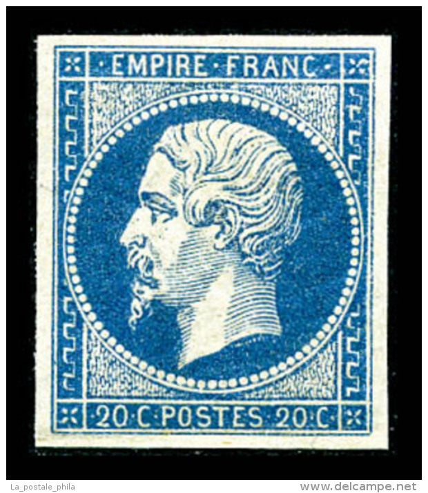 ** N&deg;14A, 20c Bleu, Quatre Marges &eacute;quilibr&eacute;es, Fra&icirc;cheur Postale, TTB (certificat)     ... - 1853-1860 Napoleon III