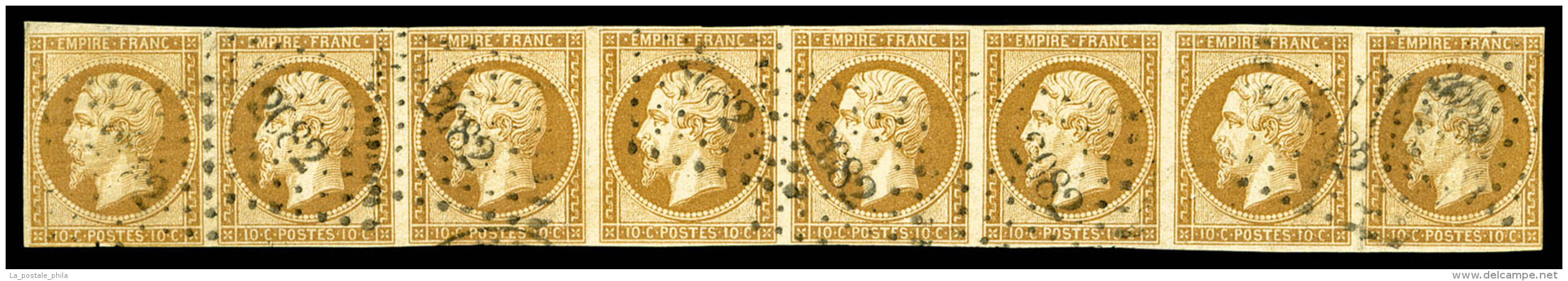 O N&deg;13A, 10c Bistre En Bande De Huit Obl PC '2082', R.R.R, SUP (certificat)      Qualit&eacute;: O - 1853-1860 Napoléon III.