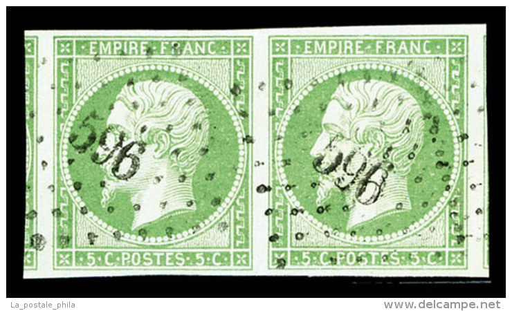 O N&deg;12, 5c Vert 'mousse' En Paire Horizontale, Grandes Marges 2 Voisins, Oblit&eacute;ration PC '596', PIECE... - 1853-1860 Napoléon III.