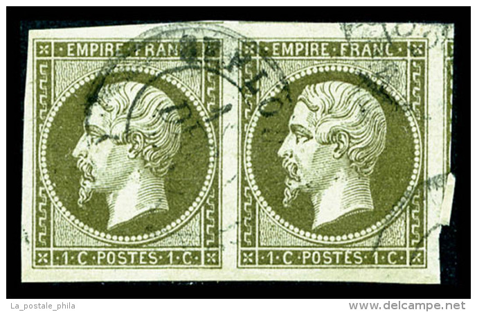 O N&deg;11, 1c Olive En Paire, Grandes Marges, Quatre Voisins, SUP (certificat)      Qualit&eacute;: O - 1853-1860 Napoléon III.