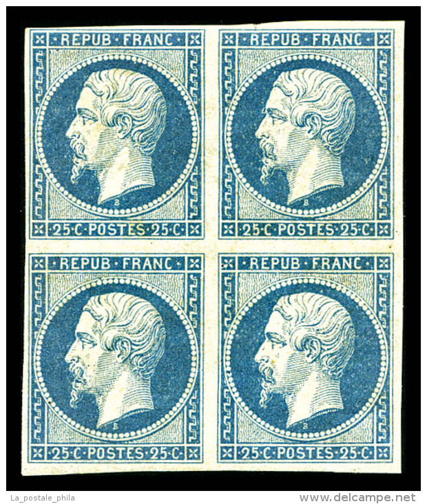 ** N&deg;10, 25c Bleu En Bloc De Quatre (1ex*), Fra&icirc;cheur Postale.SUPERBE. R.R.R. (sign&eacute;... - 1852 Louis-Napoleon