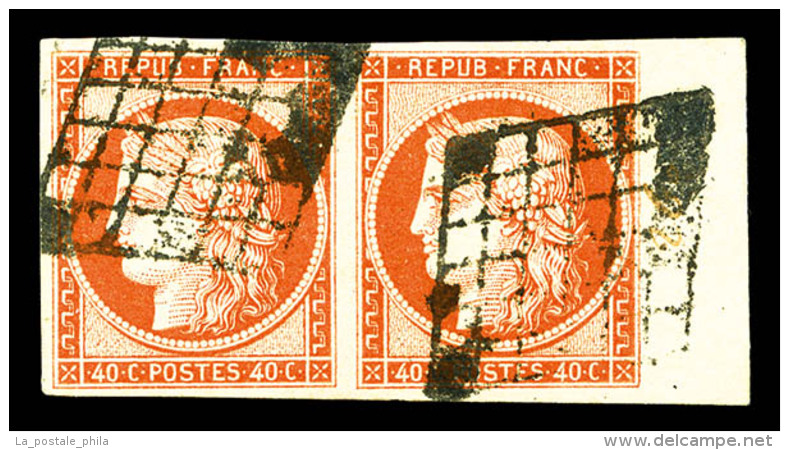 O N&deg;5, 40c Orange En PAIRE HORIZONTALE Avec Grand Bord De Feuille Lat&eacute;ral Droit, Tr&egrave;s Jolie... - 1849-1850 Ceres