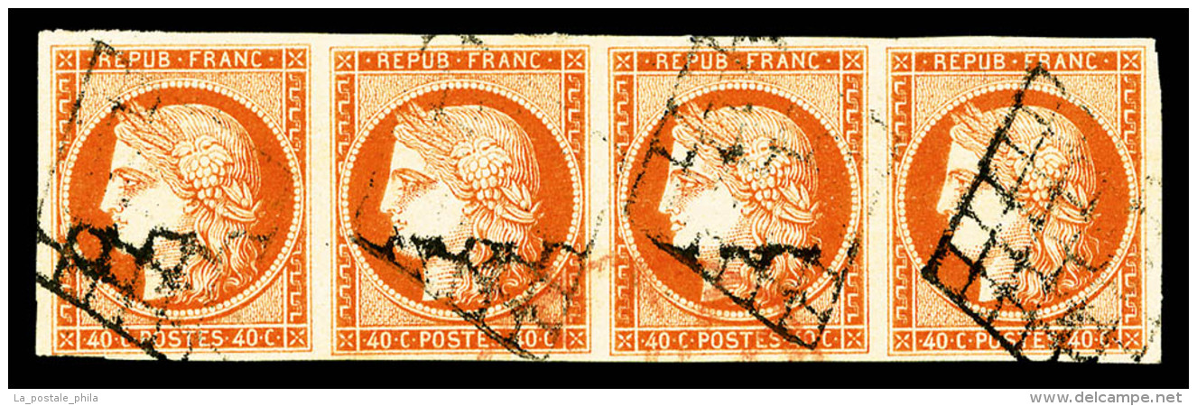 O N&deg;5, 40c Orange: Bande De Quatre Horizontale, Obl Grille, Jolie Pi&egrave;ce, TB (sign&eacute;/certificat)  ... - 1849-1850 Cérès