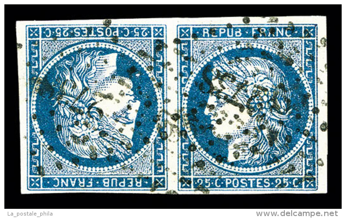 O N&deg;4c, 25c Bleu En Paire T&ecirc;te-b&ecirc;che, Oblit&eacute;ration PC, TRES RARE, SUPERBE (sign&eacute;... - 1849-1850 Cérès
